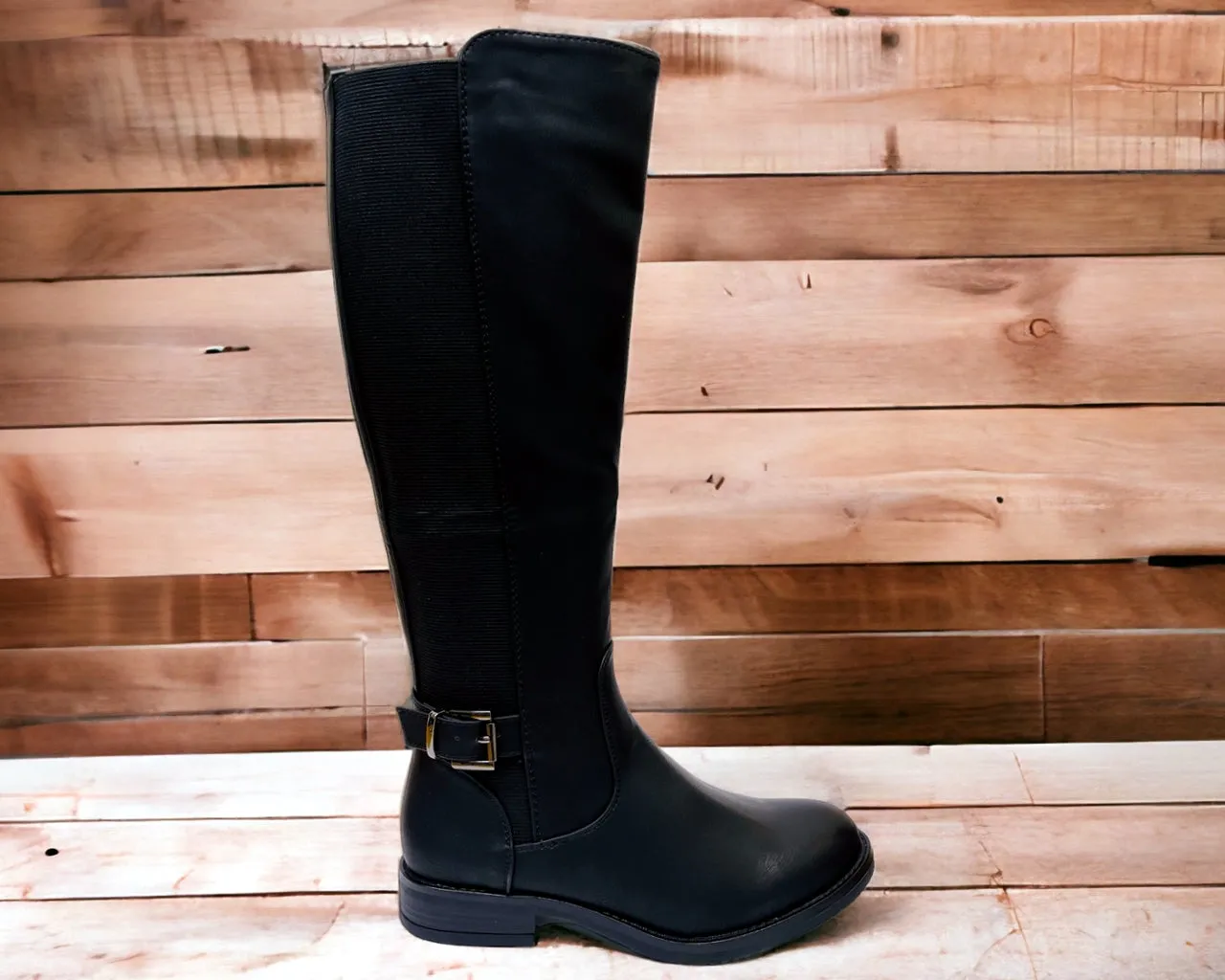 Women's Faux Leather Flat Sole Knee High Boots Black