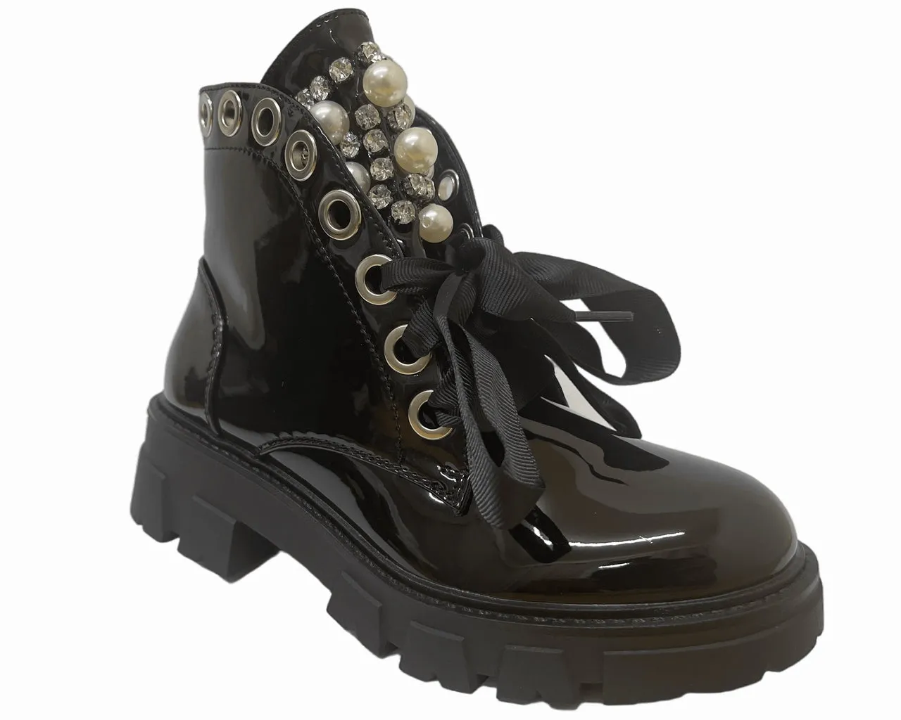 Women's Faux Patent Leather Thick Lace Pearls Ankle Boots