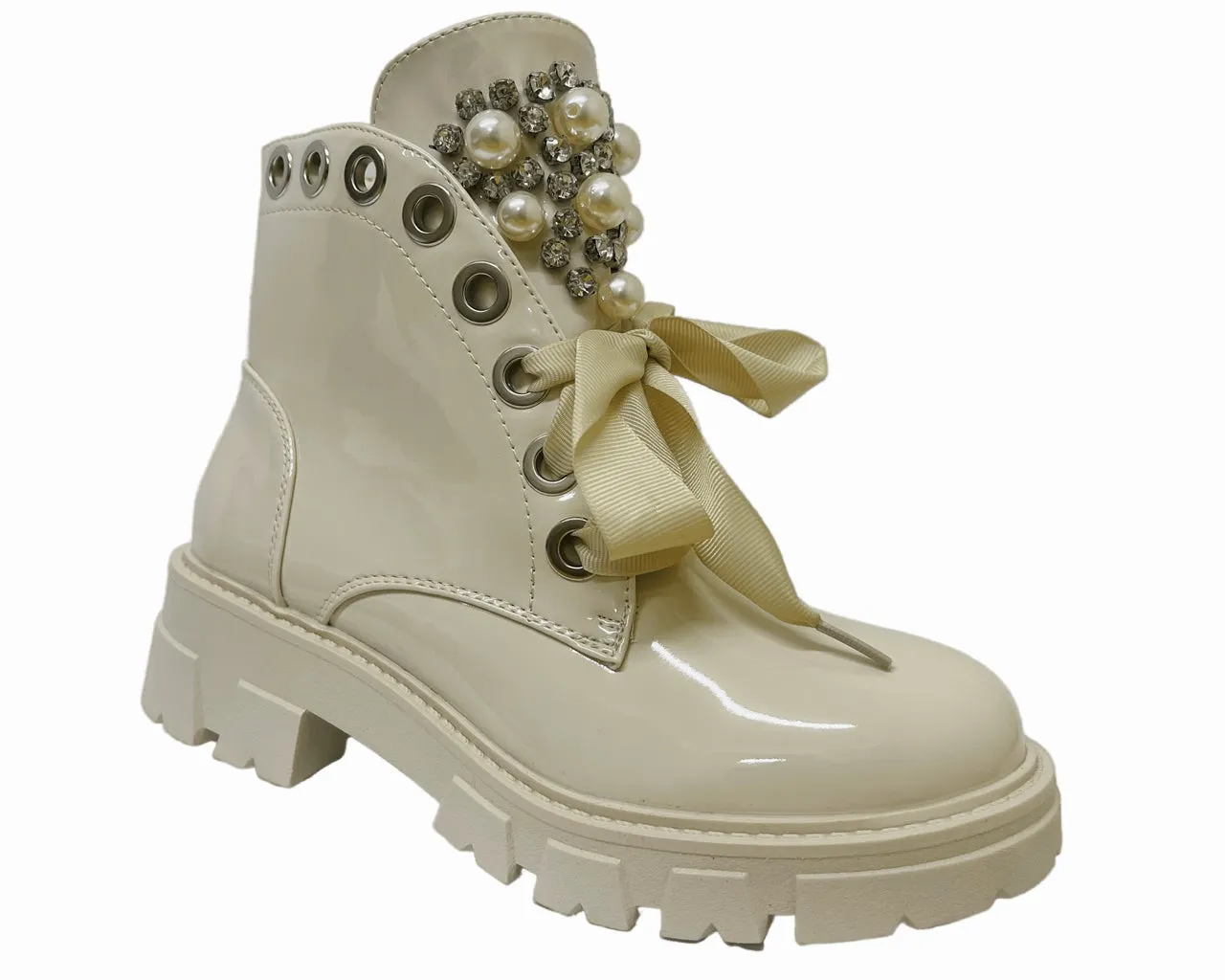 Women's Faux Patent Leather Thick Lace Pearls Ankle Boots