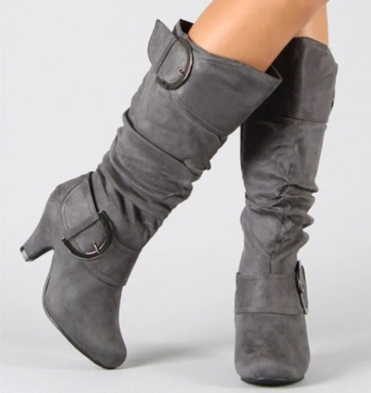 Women's Flock Almond Toe Metal Buckle Straps Mid Calf Boots