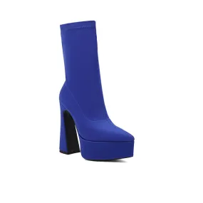 Women's Flock Pointed Toe Stretch Spool Heel Platform Mid-calf Boots