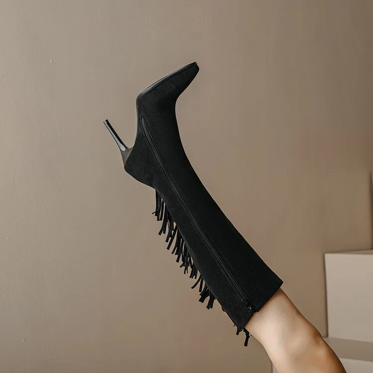 Women's Flock Pointed Toe Tassel Stiletto Heel Knee-High Boots