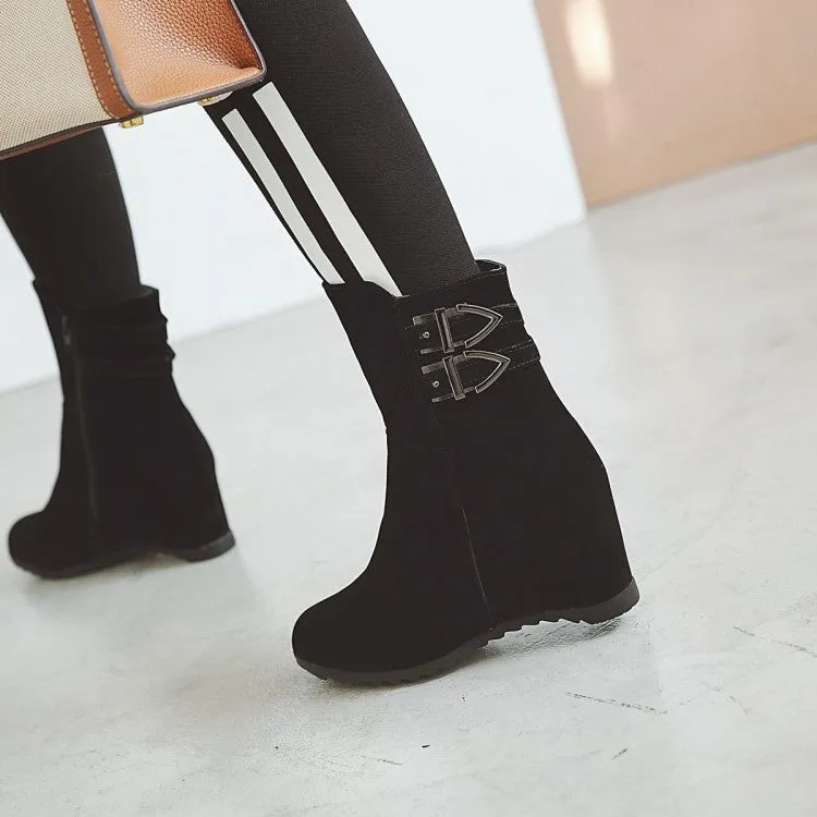 Women's Flock Round Toe Buckle Straps Wedge Heel Short Boots