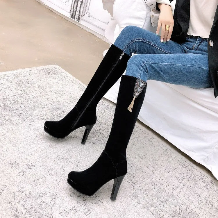 Women's Flock Side Zippers Rhinestone Block Chunky Heel Platform Knee High Boots