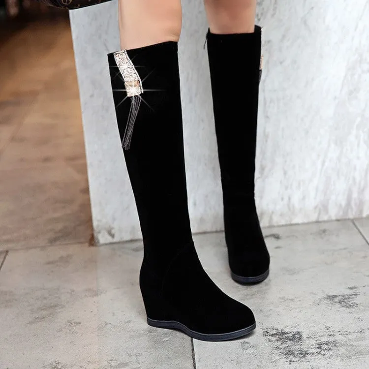 Women's Flock Sparkling Rhinestone Tassel Wedge Heel Knee High Boots