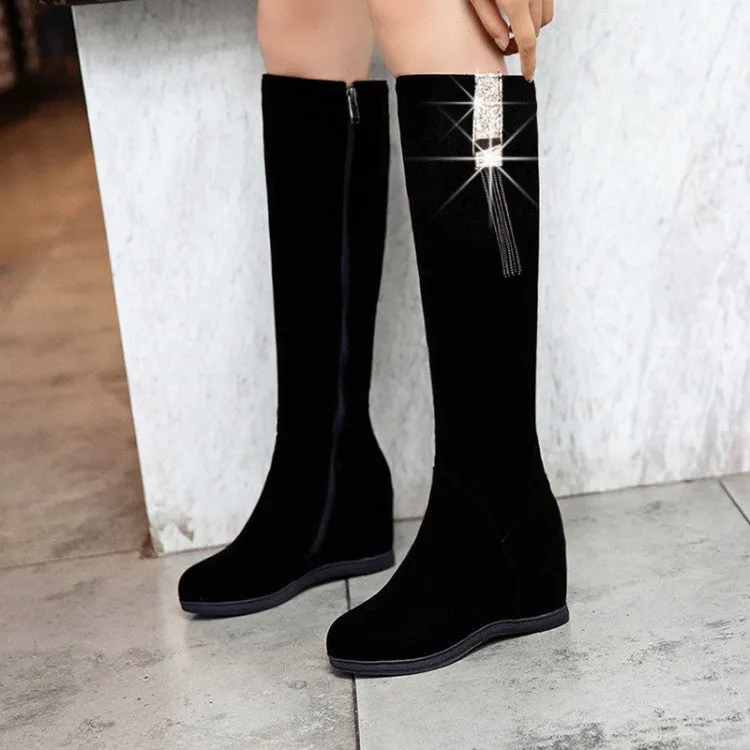 Women's Flock Sparkling Rhinestone Tassel Wedge Heel Knee High Boots