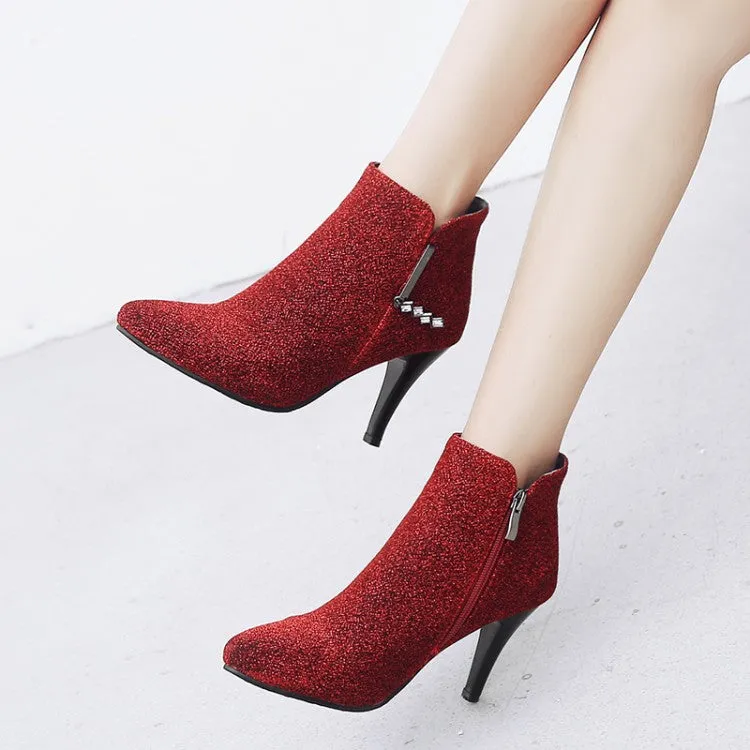 Women's Glitter Pointed Toe Side Zippers Cone Heel Ankle Boots