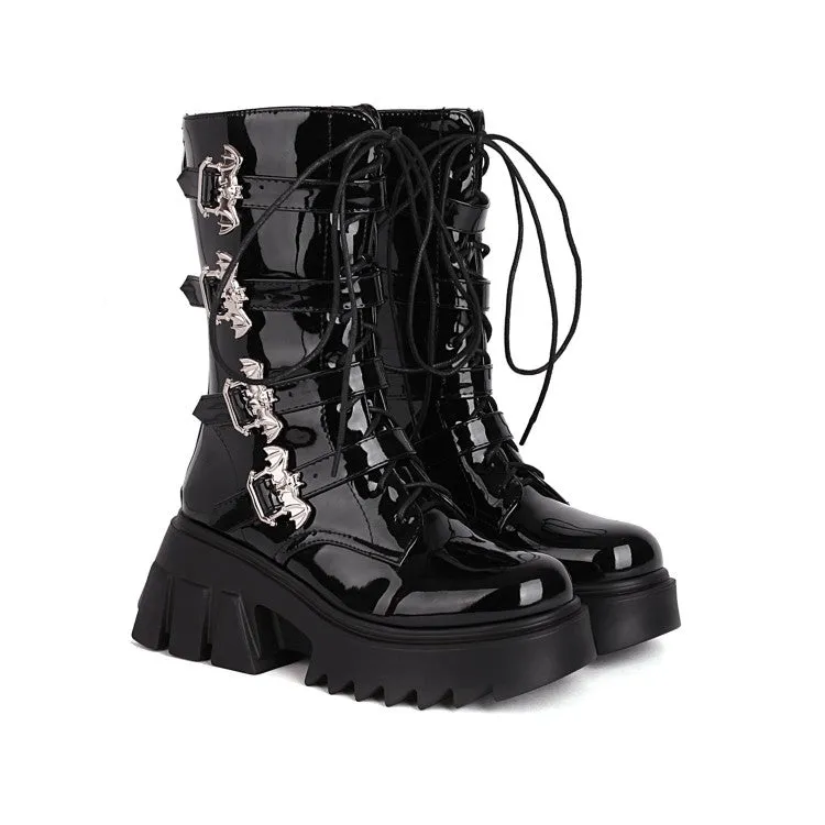 Women's Glossy Metal Buckle Straps Lace Up Block Chunky Heel Platform Mid-calf Boots