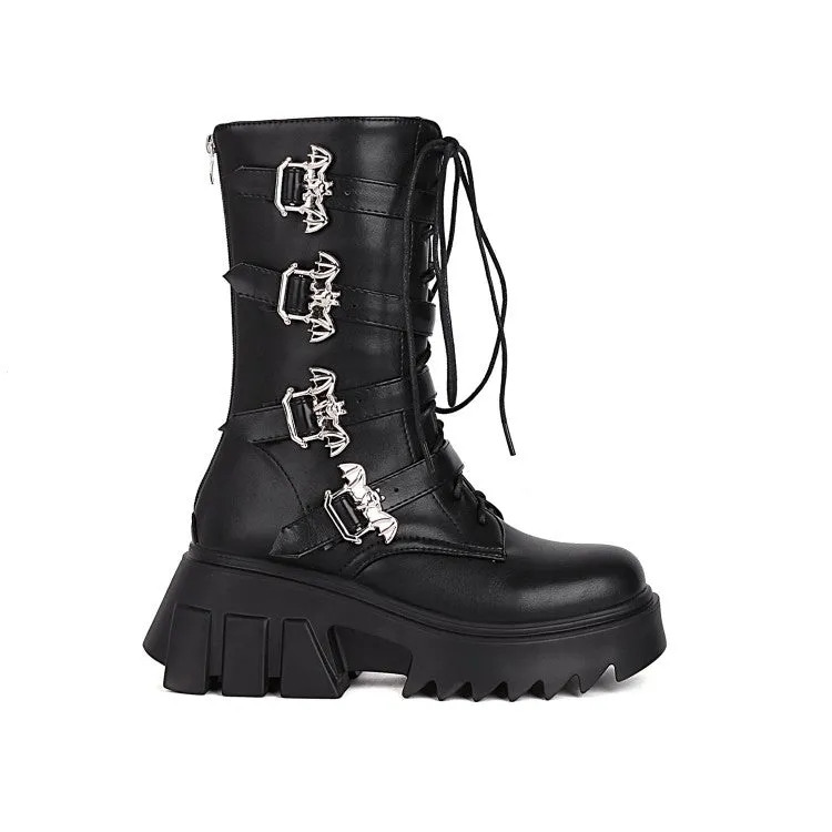 Women's Glossy Metal Buckle Straps Lace Up Block Chunky Heel Platform Mid-calf Boots