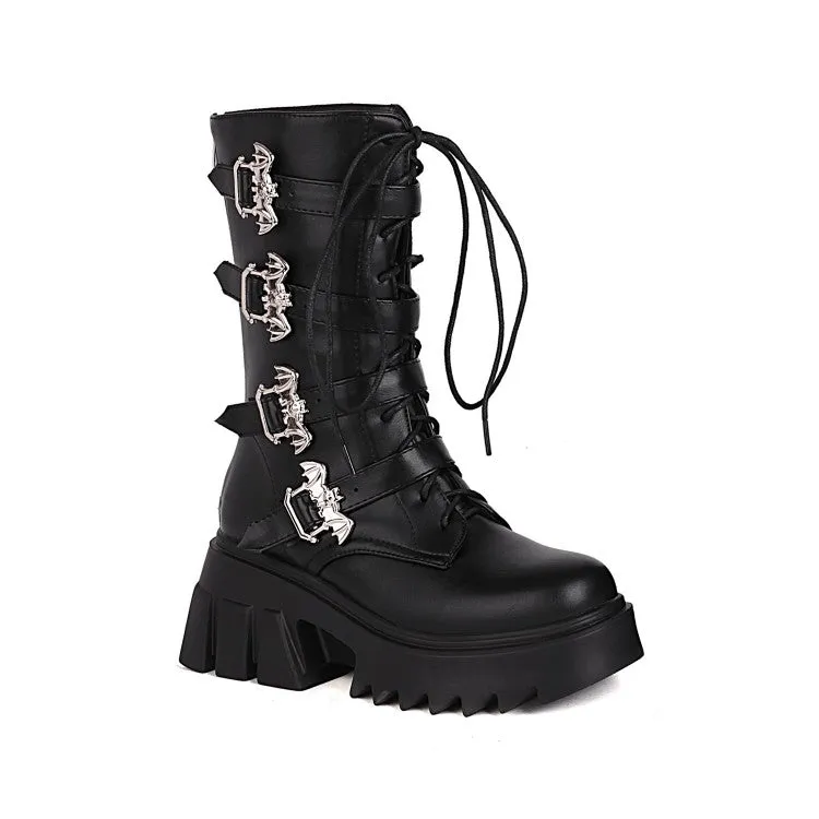 Women's Glossy Metal Buckle Straps Lace Up Block Chunky Heel Platform Mid-calf Boots