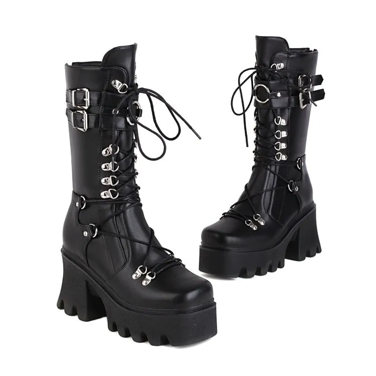 Women's Glossy Metal Buckle Straps Lace Up Block Chunky Heel Platform Mid-calf Boots