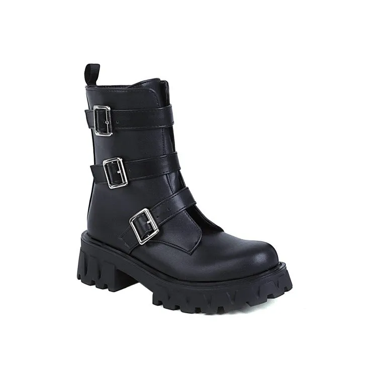 Women's Glossy Round Toe Buckle Straps Side Zippers Block Chunky Heel Platform Short Boots