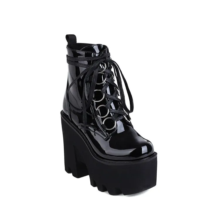 Women's Glossy Round Toe Lace Up Block Chunky Heel Platform Ankle Boots