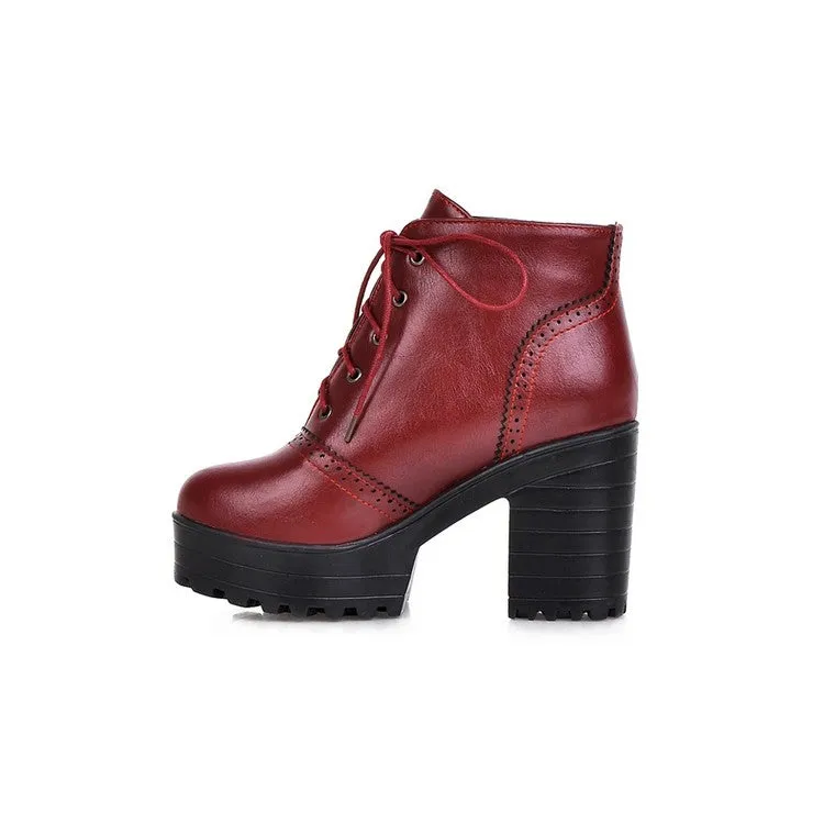 Women's Glossy Round Toe Lace Up Block Chunky Heel Stitch Platform Short Boots