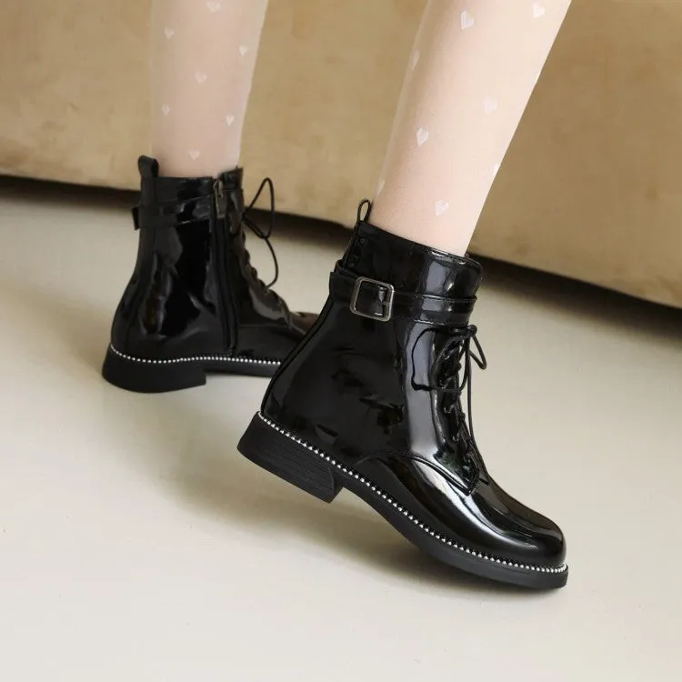 Women's Glossy Round Toe Lace Up Buckle Straps Stitch Short Boots