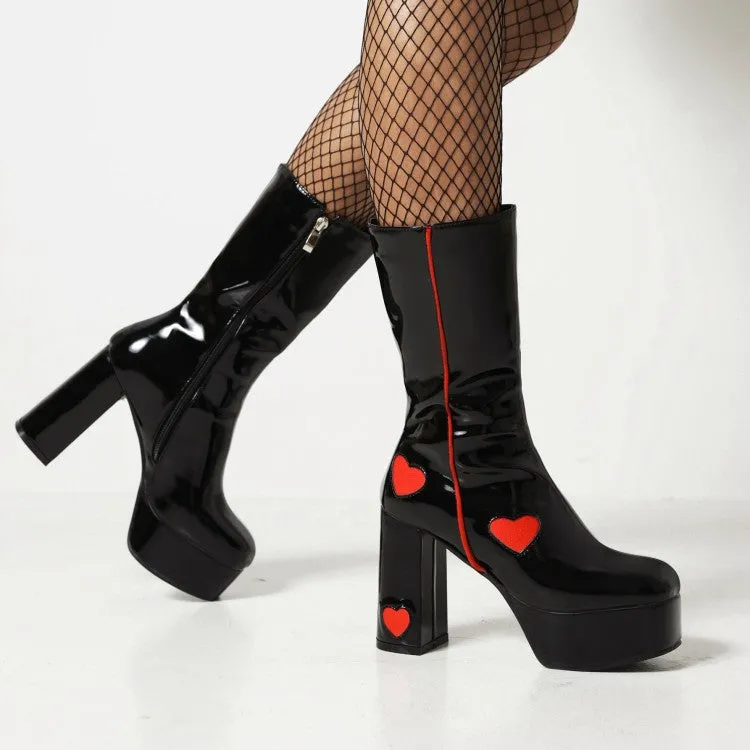 Women's Glossy Round Toe Love Hearts Side Zippers Block Chunky Heel Platform Mid Calf Boots