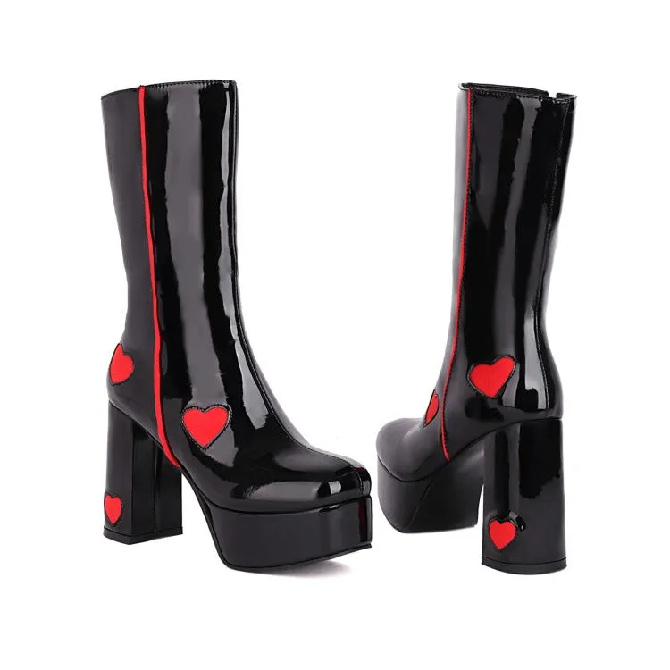 Women's Glossy Round Toe Love Hearts Side Zippers Block Chunky Heel Platform Mid Calf Boots