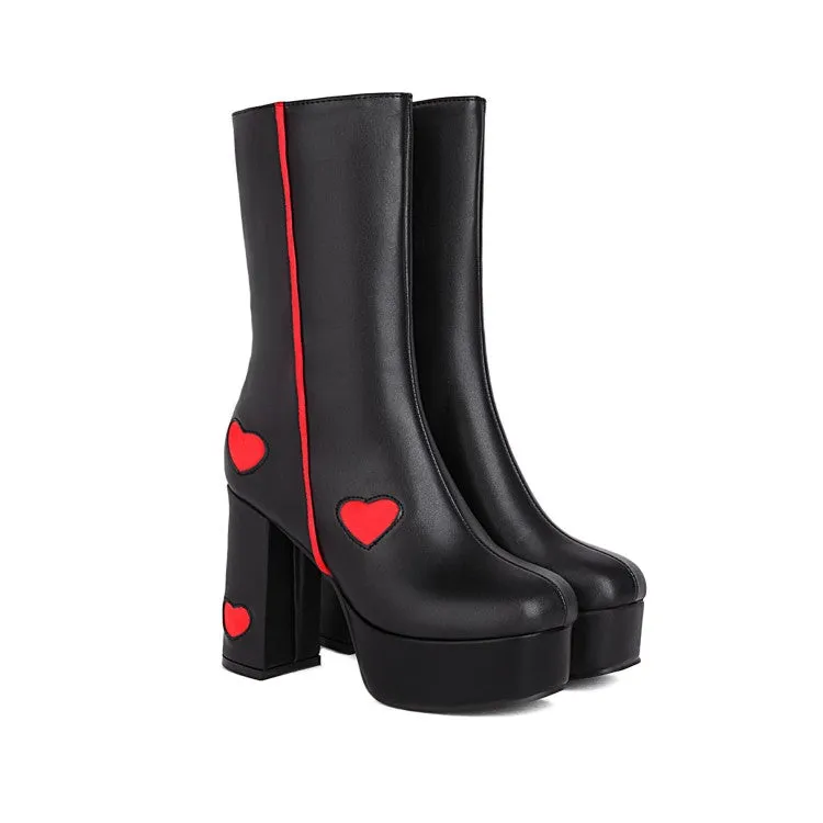 Women's Glossy Round Toe Love Hearts Side Zippers Block Chunky Heel Platform Mid Calf Boots