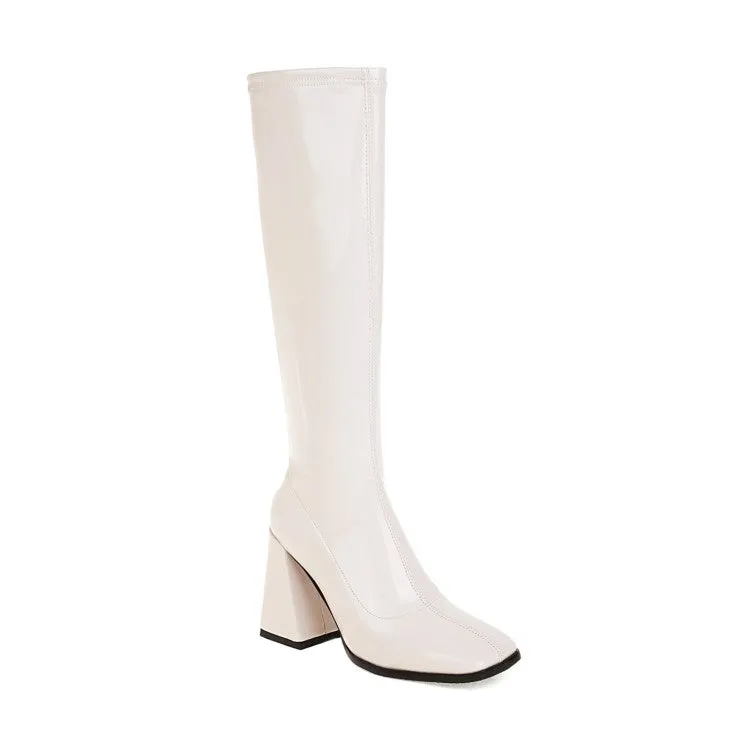 Women's Glossy Square Toe Chunky Heel Knee-High Boots