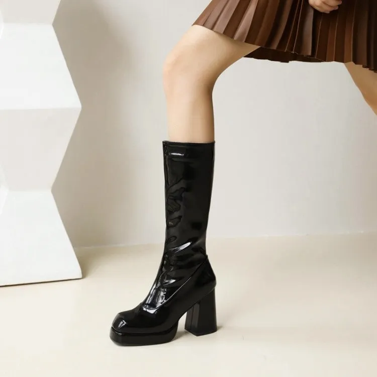 Women's Glossy Square Toe Side Zippers Block Chunky Heel Platform Mid-Calf Boots