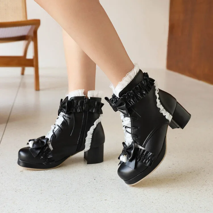 Women's Lace Bow Tie Pearls Block Chunky Heel Ankle Boots