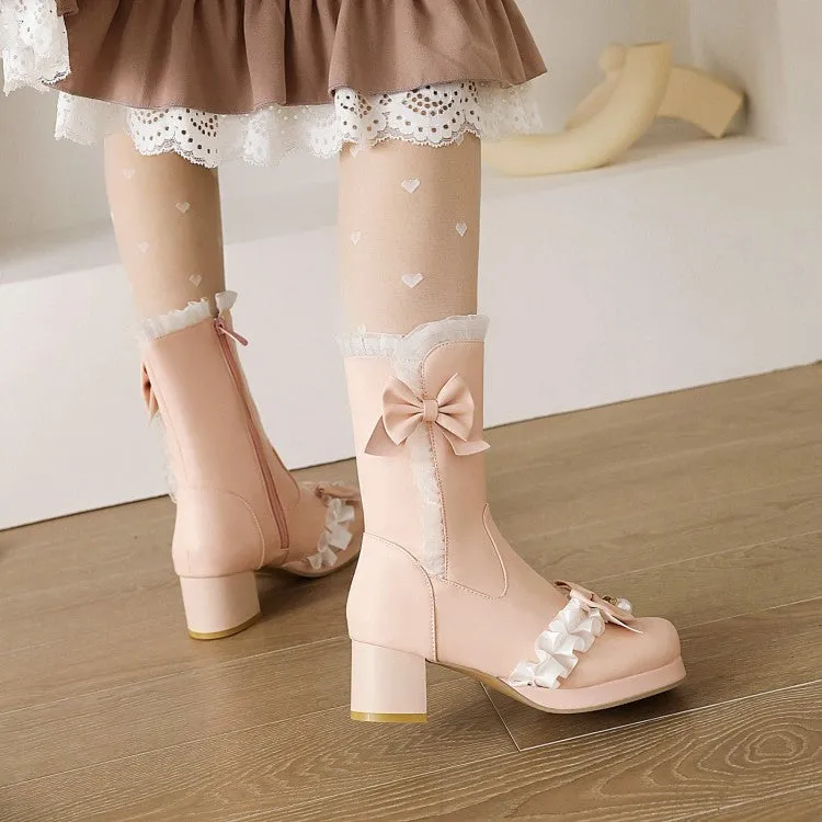 Women's Lace Bow Tie Pearls Block Chunky Heel Mid-Calf Boots