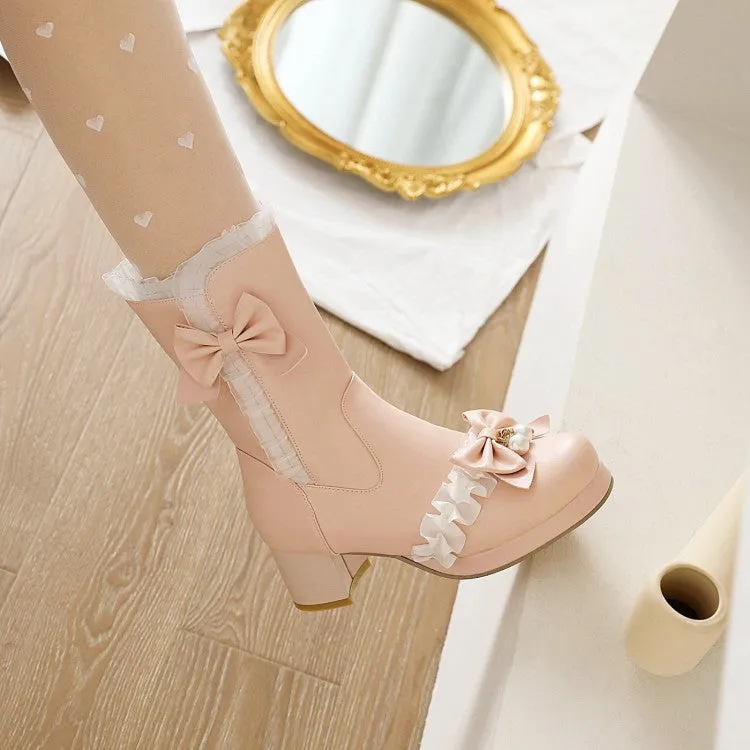 Women's Lace Bow Tie Pearls Block Chunky Heel Mid-Calf Boots