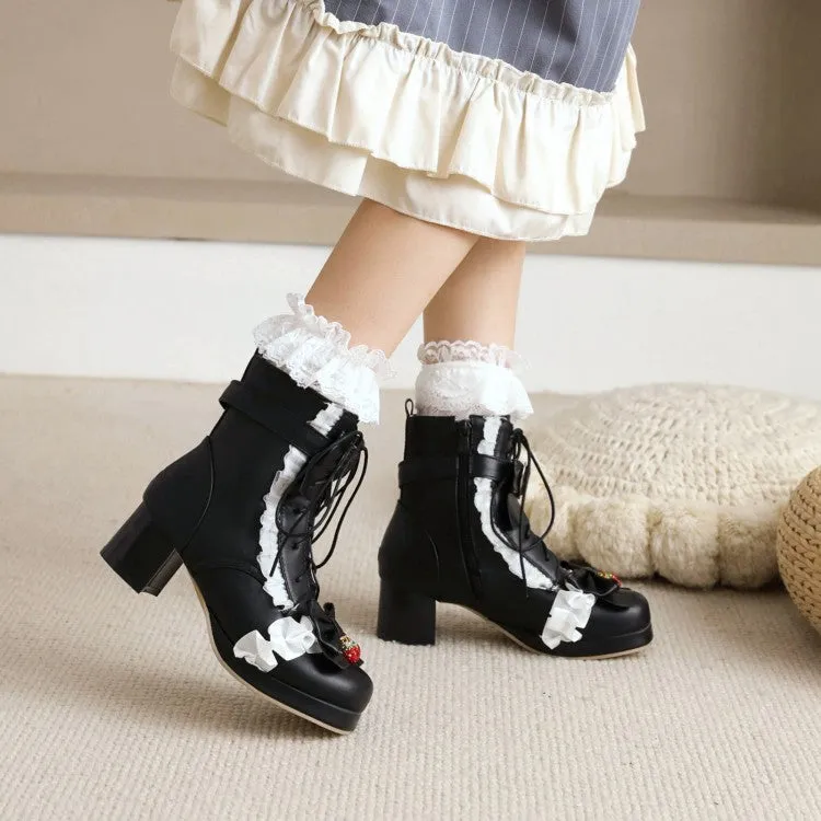 Women's Lace Bow Tie Tied Straps Block Chunky Heel Ankle Boots