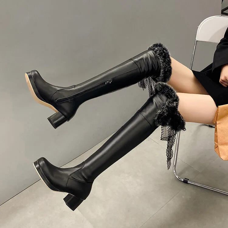 Women's Lace Fur Block Heel Platform Over-The-Knee Boots