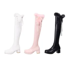 Women's Lace Fur Block Heel Platform Over-The-Knee Boots