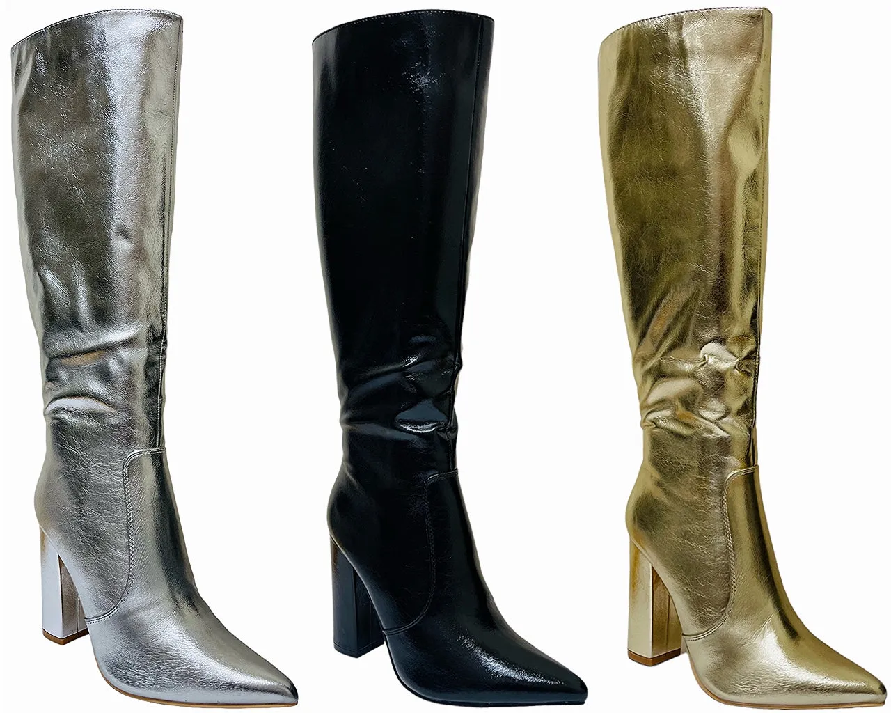 Women's Leather Look Metallic Knee High Boots