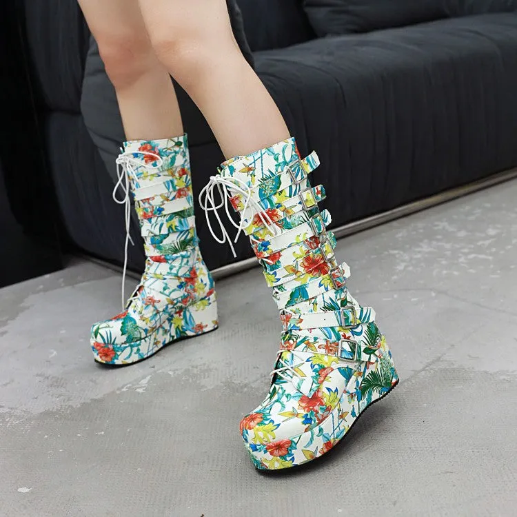 Women's Matte Pu Leather Round Toe Buckle Straps Wedge Heel Platform Mid-calf Boots