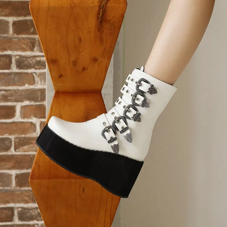 Women's Metal Buckle Straps Zipper Wedge Heel Platform Short Boots