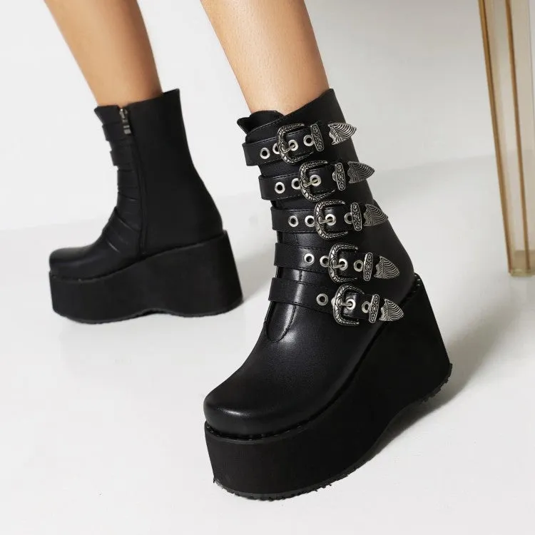 Women's Metal Buckle Straps Zipper Wedge Heel Platform Short Boots