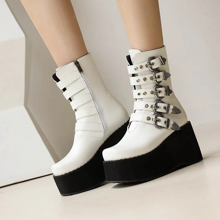 Women's Metal Buckle Straps Zipper Wedge Heel Platform Short Boots