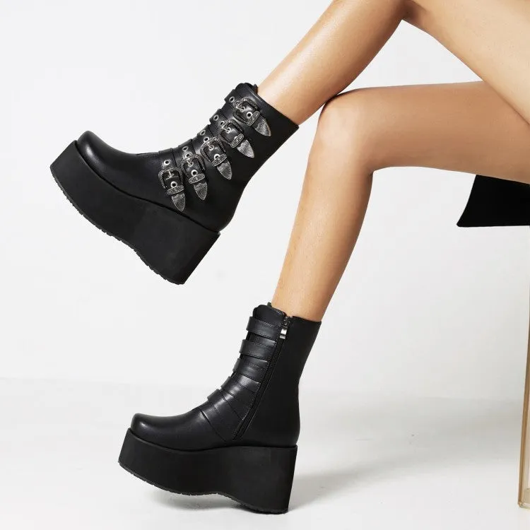 Women's Metal Buckle Straps Zipper Wedge Heel Platform Short Boots