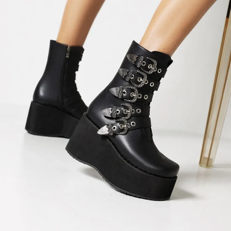 Women's Metal Buckle Straps Zipper Wedge Heel Platform Short Boots