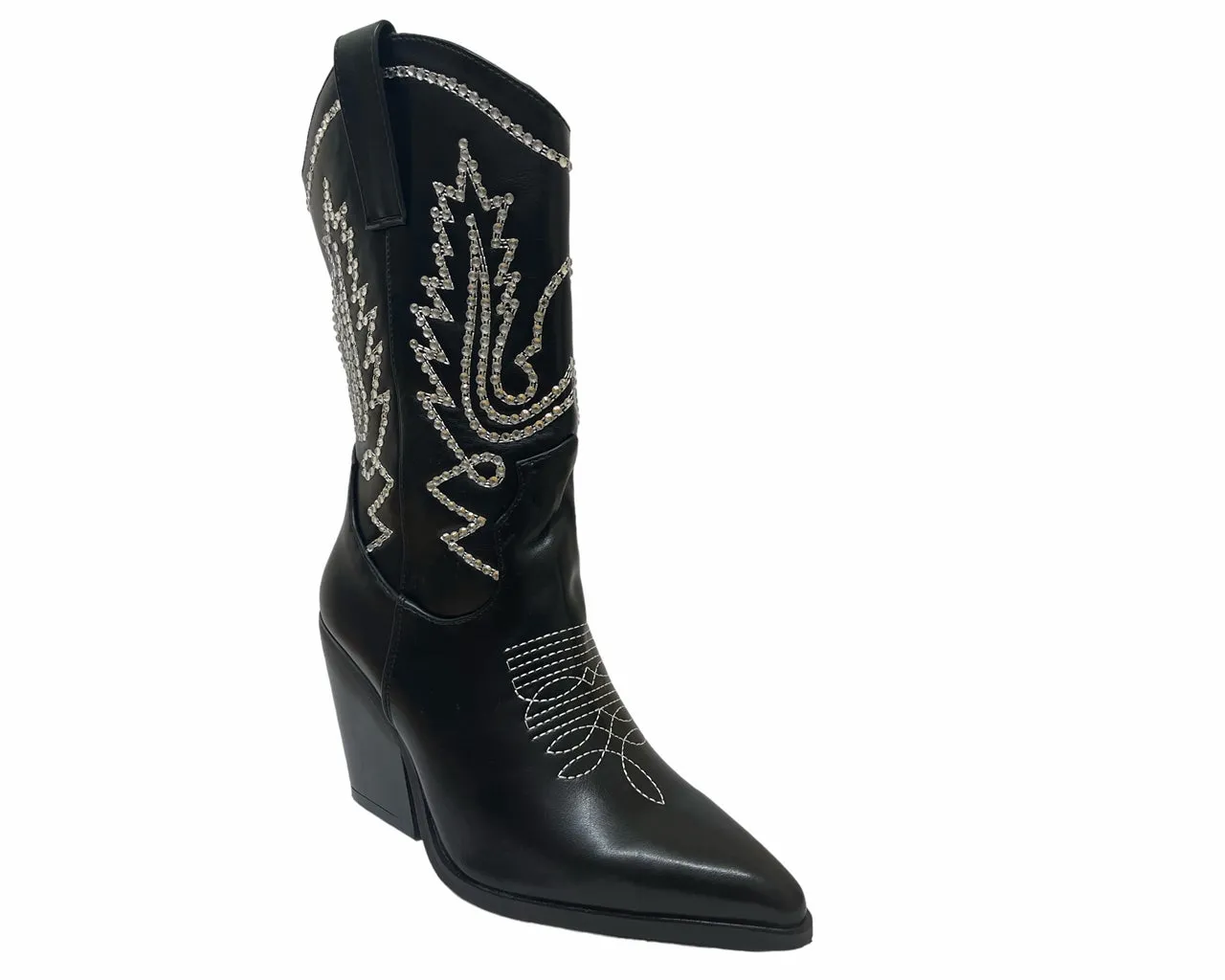 Women's Mid Calf Cowboy Embroidery Diamante Boots