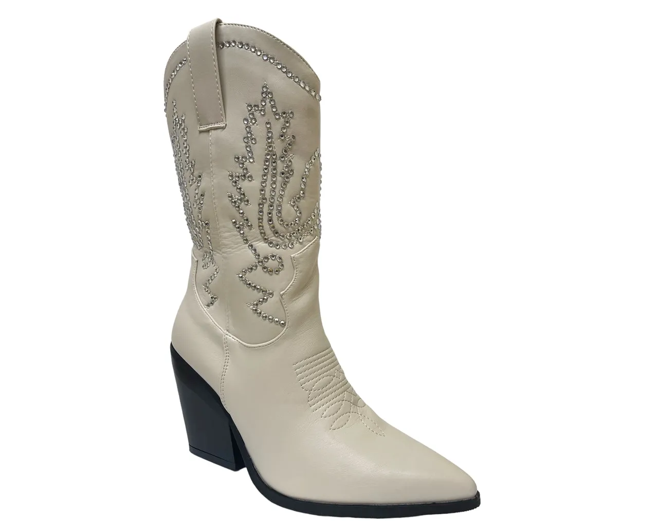 Women's Mid Calf Cowboy Embroidery Diamante Boots