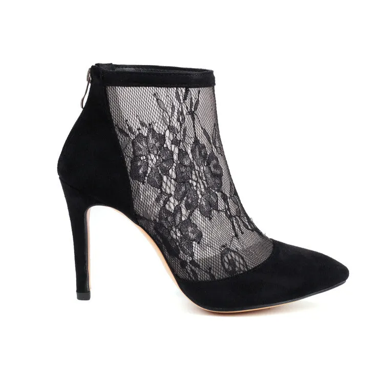 Women's Pointed Toe Lace Back Zippers Stiletto Heel Ankle Boots