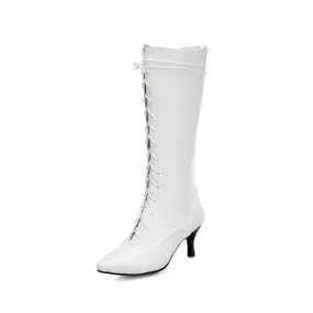 Women's Pointed Toe Lace Up Stiletto Heel Knee High Boots