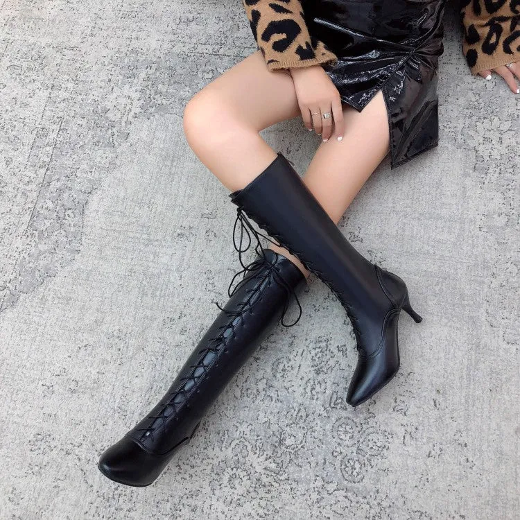 Women's Pointed Toe Lace Up Stiletto Heel Knee High Boots