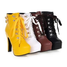 Women's Pu Leather Almond Toe Rivets Lace Up Buckle Straps Block Chunky Heel Platform Short Boots