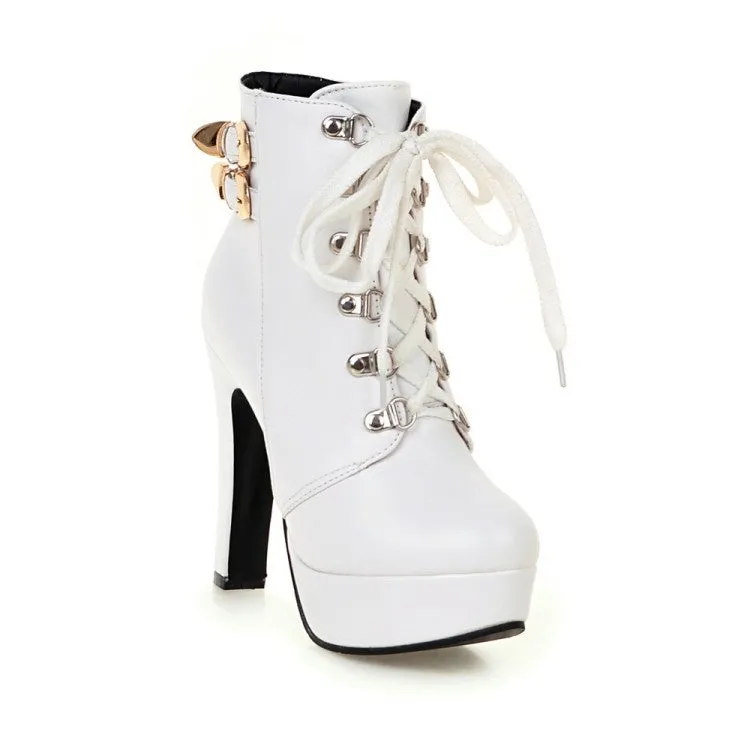 Women's Pu Leather Almond Toe Rivets Lace Up Buckle Straps Block Chunky Heel Platform Short Boots