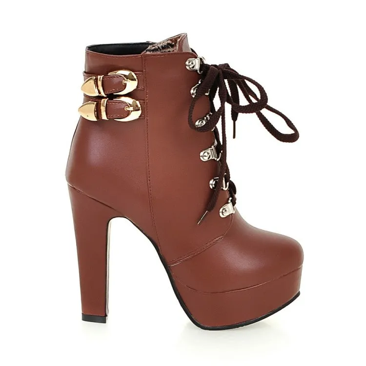 Women's Pu Leather Almond Toe Rivets Lace Up Buckle Straps Block Chunky Heel Platform Short Boots