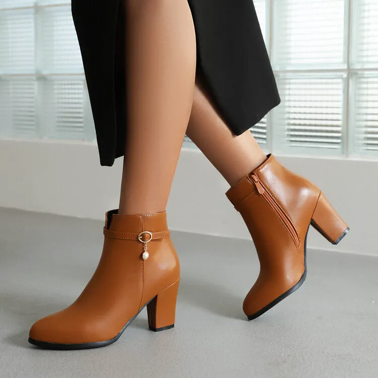 Women's Pu Leather Buckle Straps Block Chunky Heel Side Zippers Short Boots