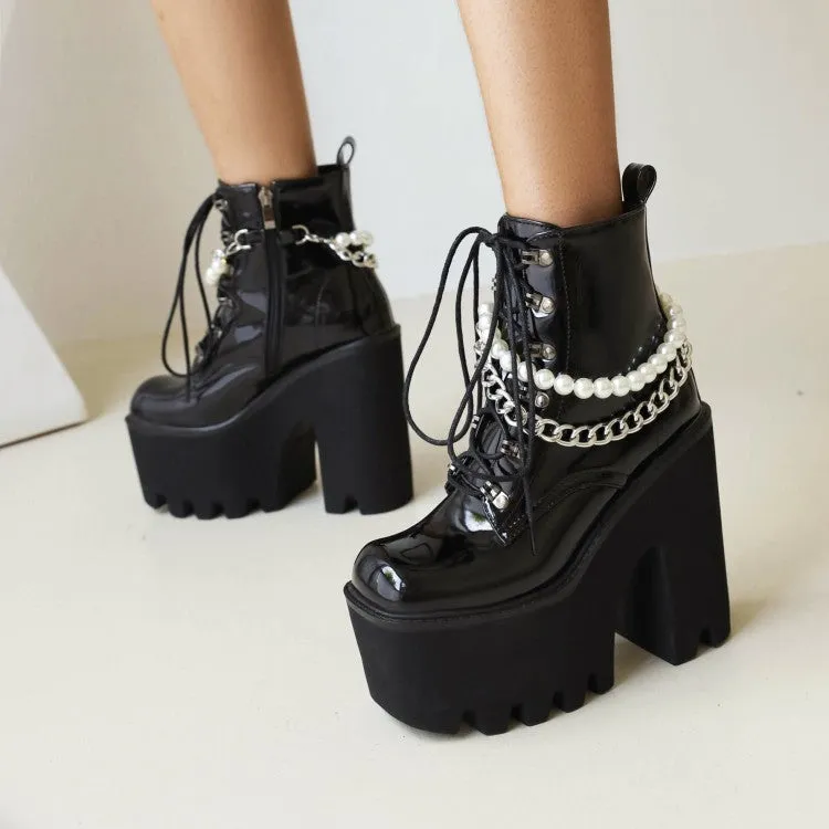 Women's Pu Leather Lace Up Metal Pearls Chains Block Chunky Heel Platform Riding Ankle Boots