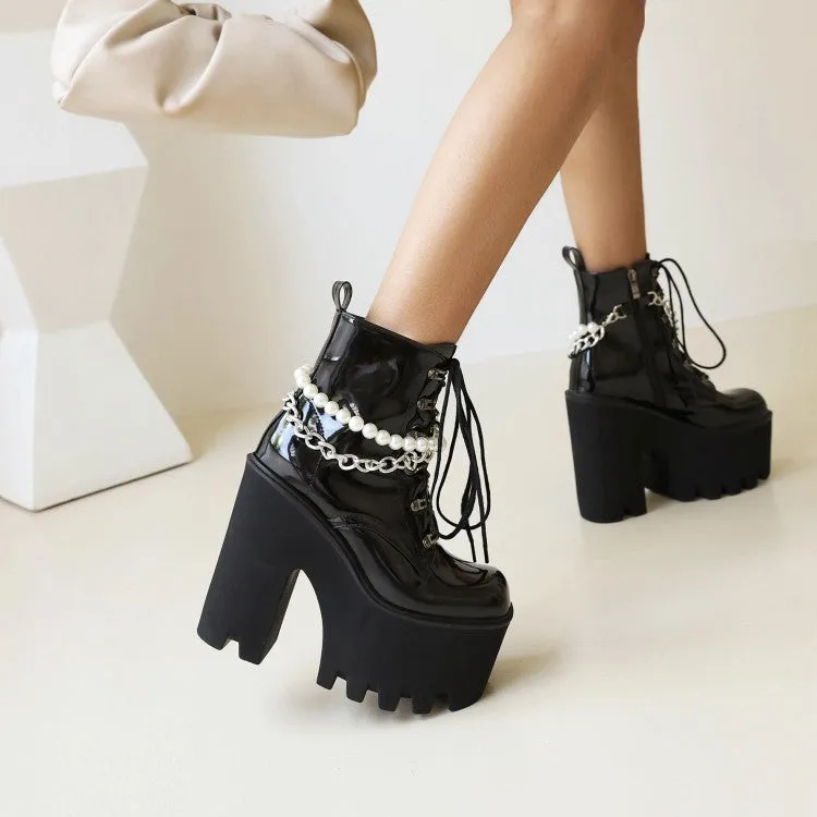 Women's Pu Leather Lace Up Metal Pearls Chains Block Chunky Heel Platform Riding Ankle Boots