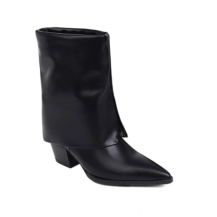 Women's Pu Leather Pointed Toe Block Heel Short Boots