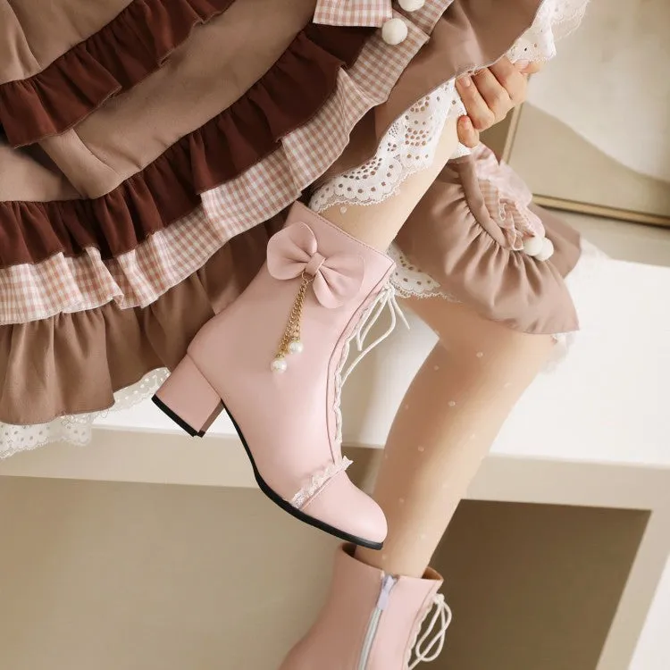 Women's Pu Leather Round Toe Lace Lace-Up Pearls Bow Tie Side Zippers Block Chunky Heel Short Boots